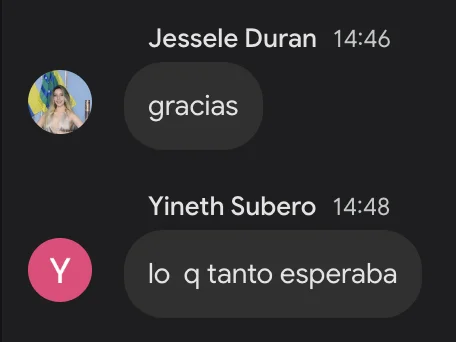 Jessele Duran: gracias · Yineth Subero: lo que tanto esperaba