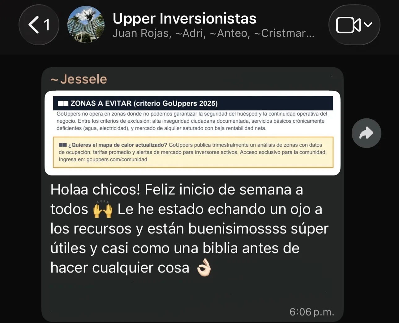 Participante comparte materiales del taller en grupo de WhatsApp "Upper Inversionistas"